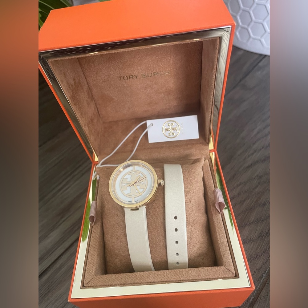 Tory Burch Reva cream leather double wrap watch
